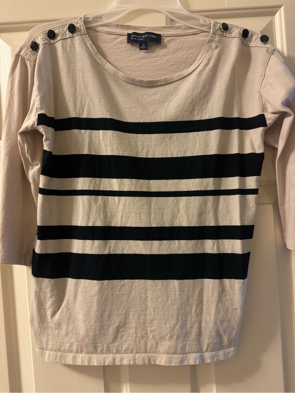 Jones New York Cream and Black Striped - mid Long Sleeve Top